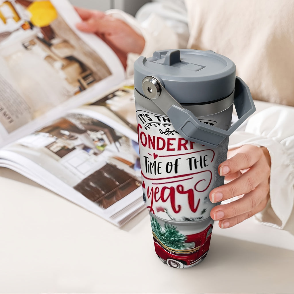 1pc 30oz Stainless Steel Christmas Travel Tumbler With Handle And Straw, Festive Truck, Cabin, Snowman, Tree Design, Large Capacity Cup, Ideal Christmas Gift, Home Essentials, 9.4"*3.5"*2.7"