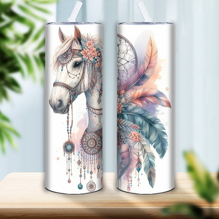 [20oz Insulated Horse Travel Tumbler] 1pc Bohemian Style Horse 20oz Insulated Travel Tumbler with Lid and Straw, 3D Print Stainless Steel Slim Cup, Reusable, Hand Wash Only, Ideal for Home Kitchen, Christmas, Halloween, Thank