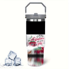 1pc 30oz Stainless Steel Christmas Travel Tumbler With Handle And Straw, Festive Truck, Cabin, Snowman, Tree Design, Large Capacity Cup, Ideal Christmas Gift, Home Essentials, 9.4"*3.5"*2.7"