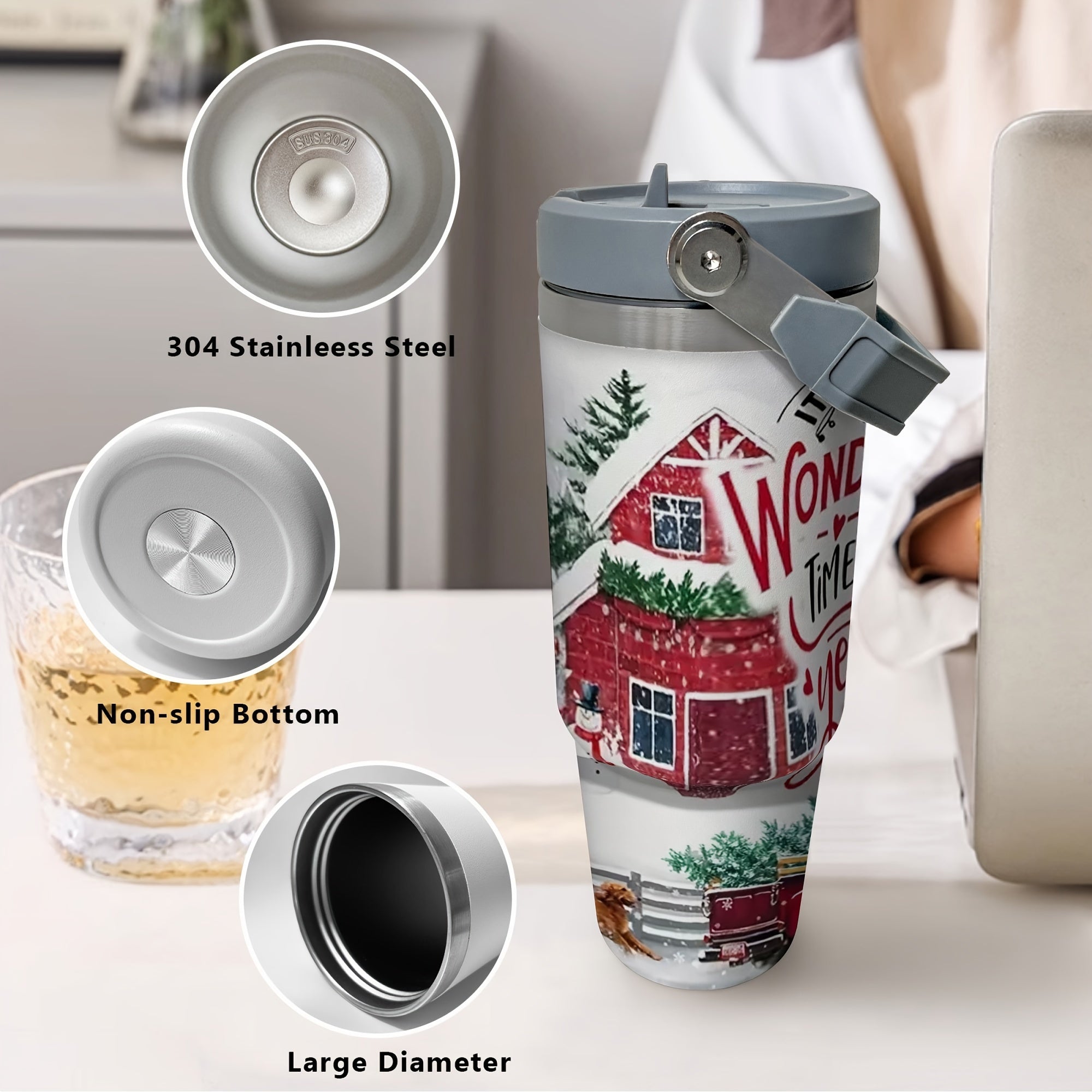 1pc 30oz Stainless Steel Christmas Travel Tumbler With Handle And Straw, Festive Truck, Cabin, Snowman, Tree Design, Large Capacity Cup, Ideal Christmas Gift, Home Essentials, 9.4"*3.5"*2.7"
