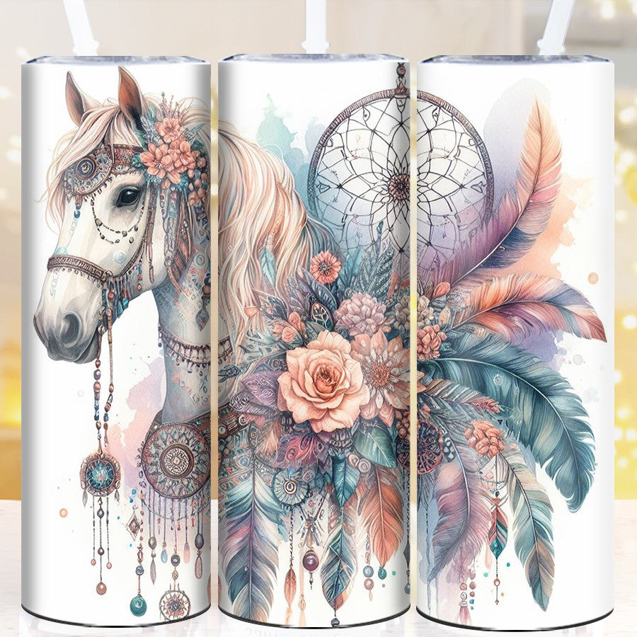[20oz Insulated Horse Travel Tumbler] 1pc Bohemian Style Horse 20oz Insulated Travel Tumbler with Lid and Straw, 3D Print Stainless Steel Slim Cup, Reusable, Hand Wash Only, Ideal for Home Kitchen, Christmas, Halloween, Thank