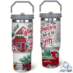 1pc 30oz Stainless Steel Christmas Travel Tumbler With Handle And Straw, Festive Truck, Cabin, Snowman, Tree Design, Large Capacity Cup, Ideal Christmas Gift, Home Essentials, 9.4"*3.5"*2.7"