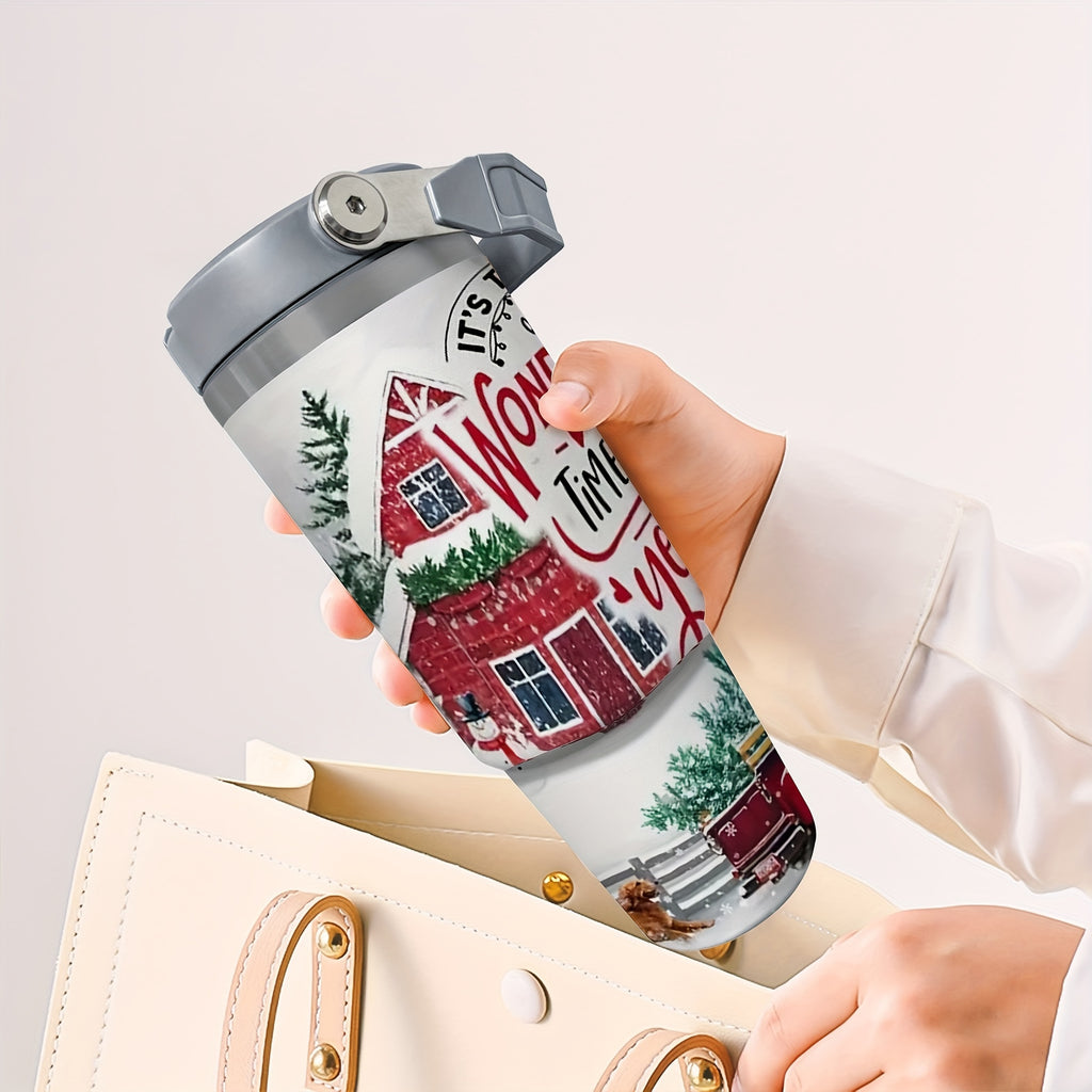 1pc 30oz Stainless Steel Christmas Travel Tumbler With Handle And Straw, Festive Truck, Cabin, Snowman, Tree Design, Large Capacity Cup, Ideal Christmas Gift, Home Essentials, 9.4"*3.5"*2.7"