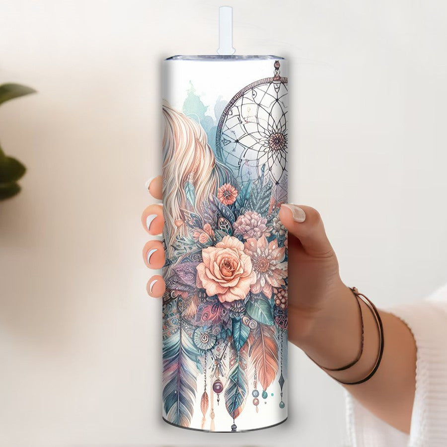 [20oz Insulated Horse Travel Tumbler] 1pc Bohemian Style Horse 20oz Insulated Travel Tumbler with Lid and Straw, 3D Print Stainless Steel Slim Cup, Reusable, Hand Wash Only, Ideal for Home Kitchen, Christmas, Halloween, Thank