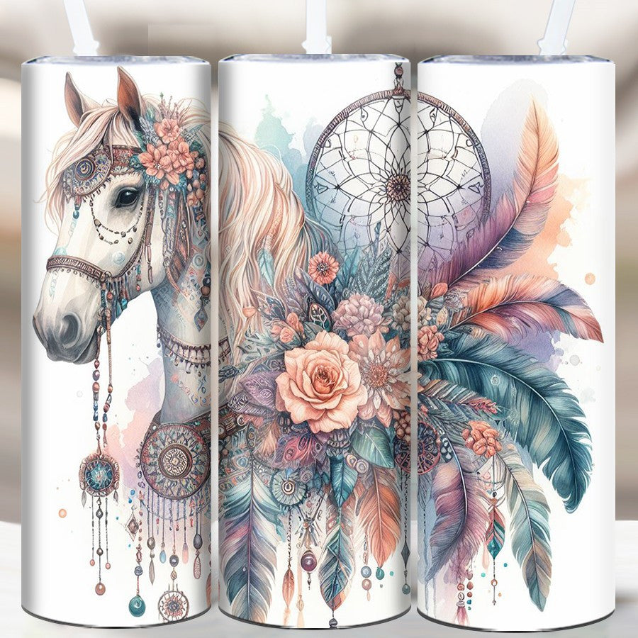 [20oz Insulated Horse Travel Tumbler] 1pc Bohemian Style Horse 20oz Insulated Travel Tumbler with Lid and Straw, 3D Print Stainless Steel Slim Cup, Reusable, Hand Wash Only, Ideal for Home Kitchen, Christmas, Halloween, Thank