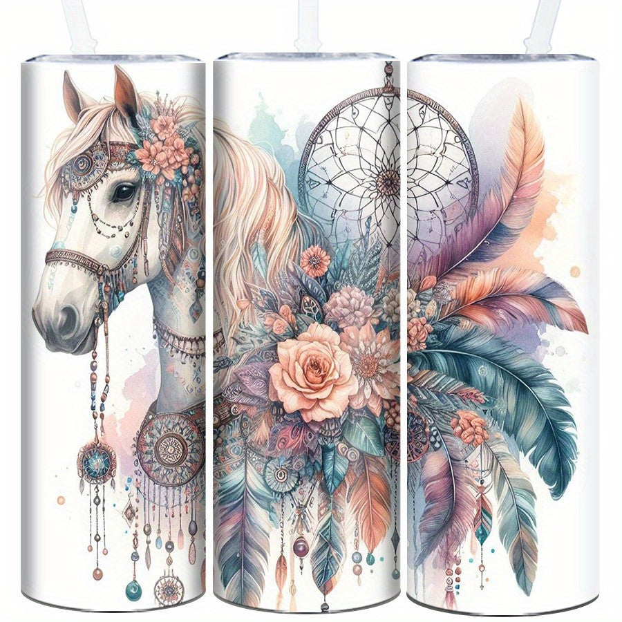 [20oz Insulated Horse Travel Tumbler] 1pc Bohemian Style Horse 20oz Insulated Travel Tumbler with Lid and Straw, 3D Print Stainless Steel Slim Cup, Reusable, Hand Wash Only, Ideal for Home Kitchen, Christmas, Halloween, Thank