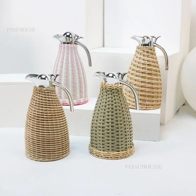 2L Rattan Insulation Pot Tea Coffee Thermos Stainless Steel Liner Vacuum Insulation Bottle Household Large Capacity Thermos WW