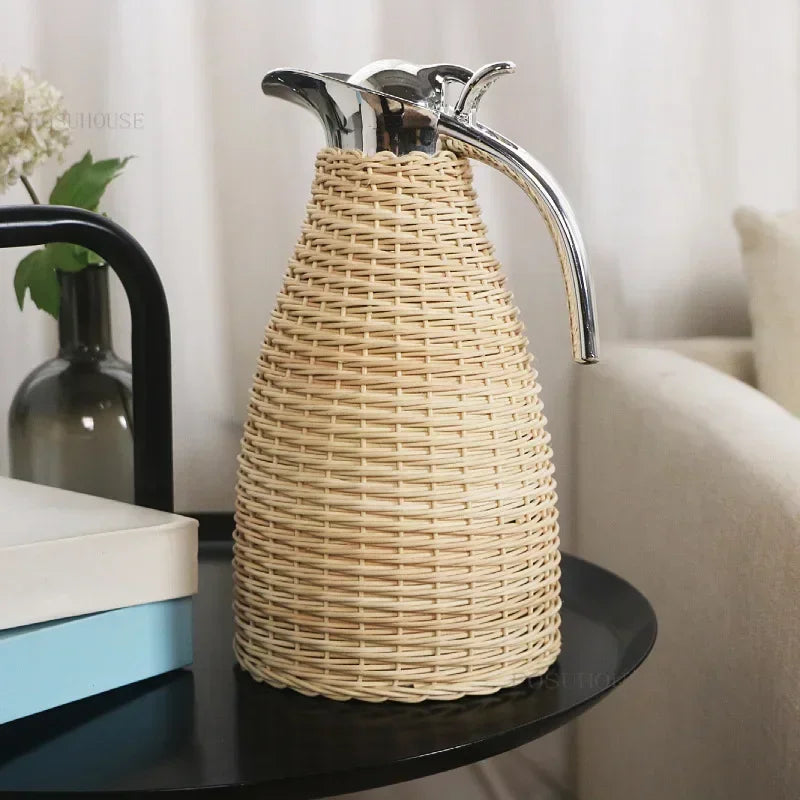 2L Rattan Insulation Pot Tea Coffee Thermos Stainless Steel Liner Vacuum Insulation Bottle Household Large Capacity Thermos WW
