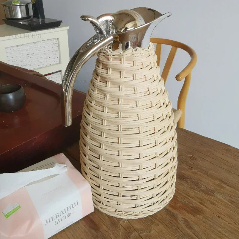 2L Rattan Insulation Pot Tea Coffee Thermos Stainless Steel Liner Vacuum Insulation Bottle Household Large Capacity Thermos WW