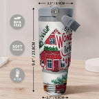 1pc 30oz Stainless Steel Christmas Travel Tumbler With Handle And Straw, Festive Truck, Cabin, Snowman, Tree Design, Large Capacity Cup, Ideal Christmas Gift, Home Essentials, 9.4"*3.5"*2.7"