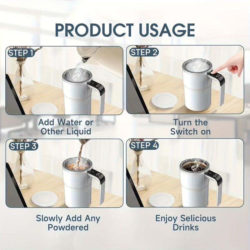 Automatic Magnetic Auto Stirring Cup, Temperature Display Travel Tumbler Car Cup For Milk Chocolate Mocha, Creamy White
