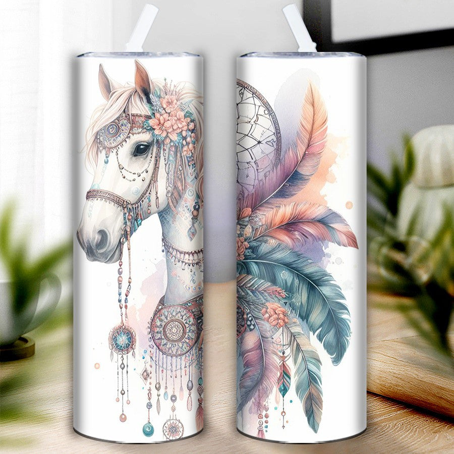 [20oz Insulated Horse Travel Tumbler] 1pc Bohemian Style Horse 20oz Insulated Travel Tumbler with Lid and Straw, 3D Print Stainless Steel Slim Cup, Reusable, Hand Wash Only, Ideal for Home Kitchen, Christmas, Halloween, Thank